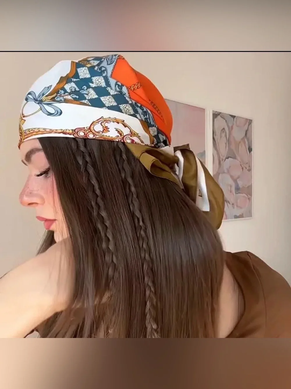Silk Patterned Headscarf in Orange, Blue & Olive